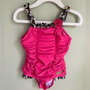 Juicy Couture bathing suit. Hot pink w/leopard trim. Front rushing. 4T Great